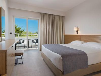 Modernes Hotelzimmer mit Doppelbett, Holzmöbeln, Balkon und Blick auf Grünfläche bei Sonnenschein.