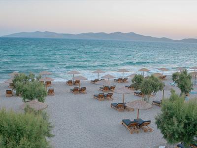 Strand mit Liegestühlen und Sonnenschirmen an ruhigem Wasser bei Sonnenaufgang.