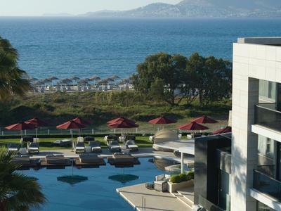 Venkovní bazén s lehátky, slunečníky, palmami a výhledem na moře.