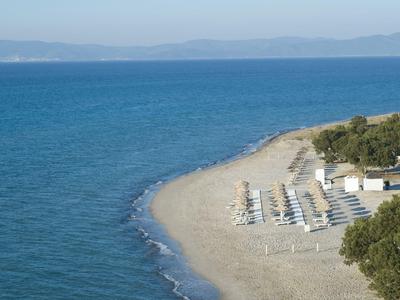 Spiaggia sabbiosa con ombrelloni e amache, circondata da verde e mare blu