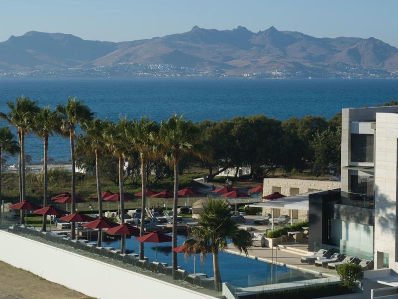 Moderní hotel s bazénem, palmami a výhledem na hory u moře.