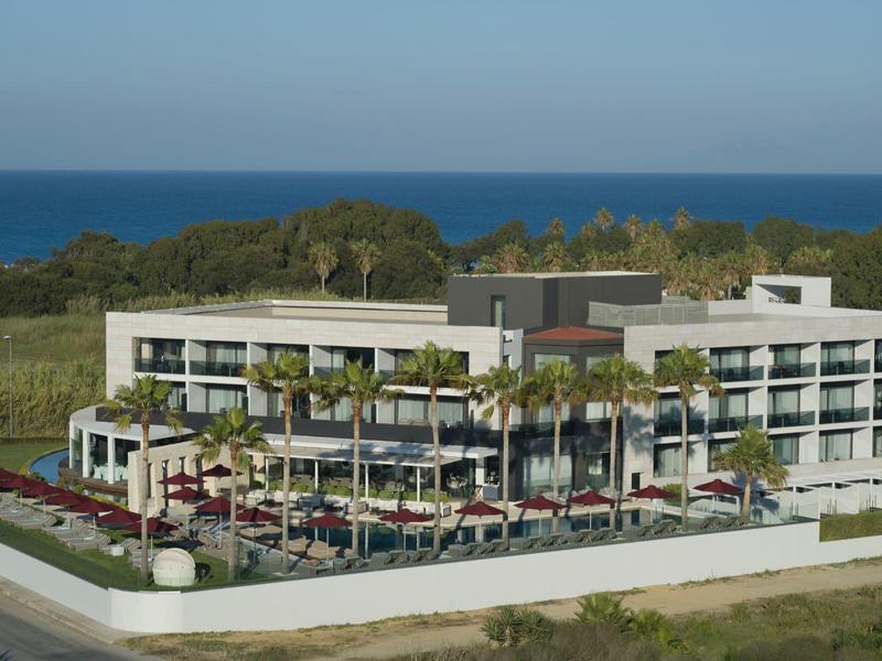 Moderní bílý hotel s bazénem a palmami poblíž moře a zelené krajiny