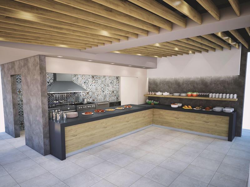 Moderní bufet s dřevěnými detaily a mramorovými stěnami v světlé jídelně.