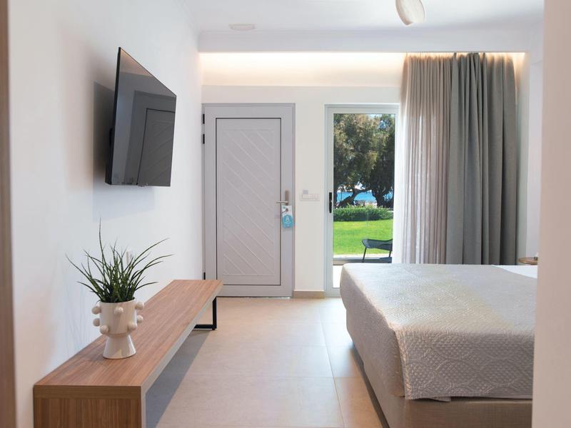 Světý hotelový pokoj s TV, postelí, stolem a výhledem do zahrady přes dveře.