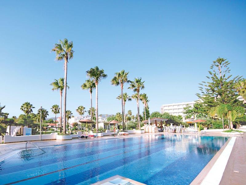 Velký venkovní bazén s modrou hladinou vody a palmami pod jasnou oblohou.