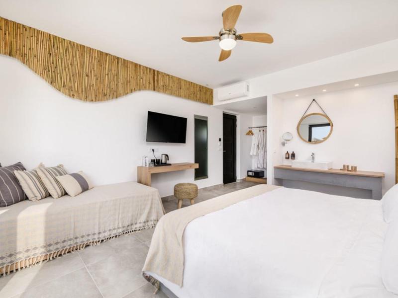 Camera d'hotel luminosa con letto grande, divano, TV a parete e elementi decorativi naturali.