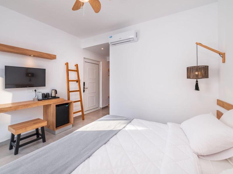 Camera d'hotel luminosa con letto matrimoniale, scrivania, TV e aria condizionata moderna.