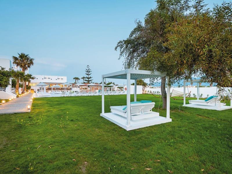 Zielony trawnik z białymi łóżkami ogrodowymi pod drzewami na tle niebieskiego nieba