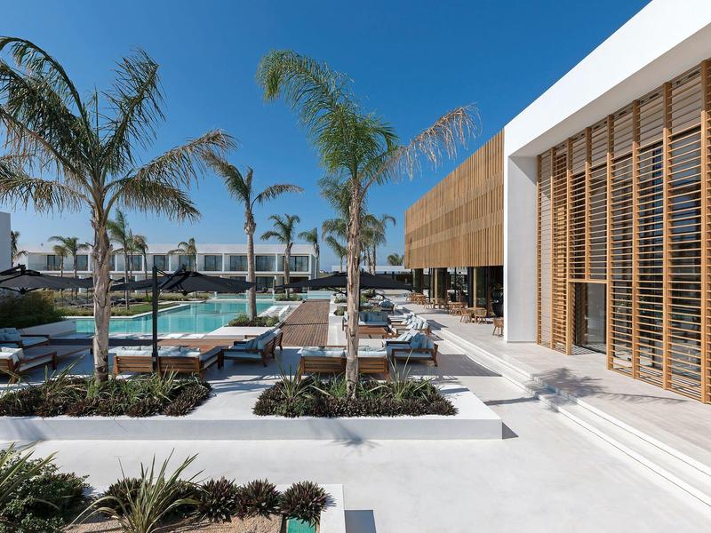 Modern outdoor pool area with palm trees and wooden slats on the hotel facade.
