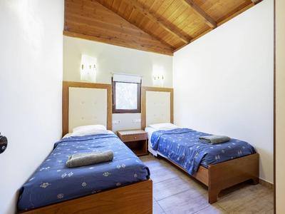 Kleines Schlafzimmer mit zwei Einzelbetten, Holzdecke und blauen Bettdecken.