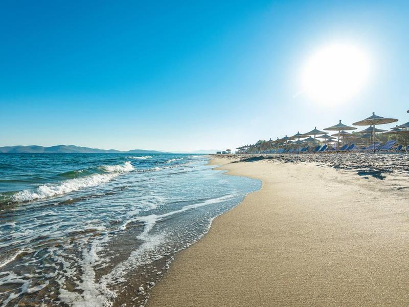 Playa arenosa soleada con olas y sombrillas junto al mar azul claro.