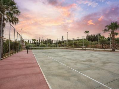 Leerer Tennisplatz bei Sonnenuntergang mit Palmen und bewölktem Himmel.