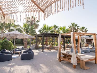 Outdoor-Loungebereich mit Liegen, Sitzsäcken und Palmen bei sonnigem Wetter.