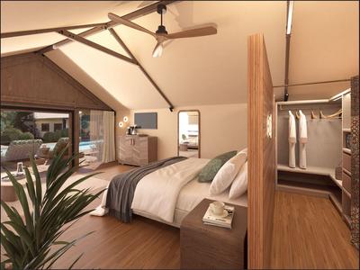 Modernes Schlafzimmer in einem Hotel mit Holzboden und angrenzendem begehbarem Kleiderschrank.