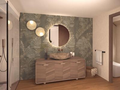 Modernes Badezimmer mit rundem Spiegel, Holzunterschrank und dekorativer Wandbeleuchtung.