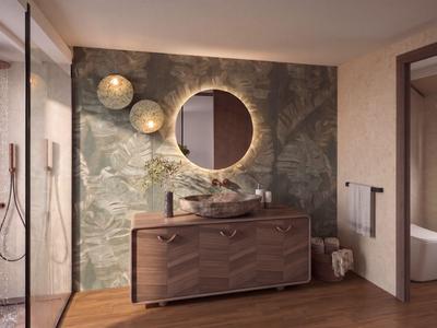 Moderner Hotelbadbereich mit rundem Spiegel und schicker Holzkommode