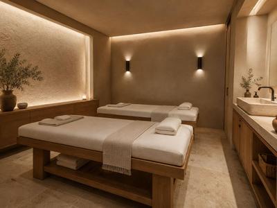 Zwei Massagebetten in einem ruhigen Spa-Raum mit warmem, gedämpftem Licht und minimalistischer Einrichtung.