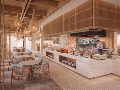 Modernes Hotelrestaurant mit Holzmöbeln und offener Küche, warm beleuchtet und einladend.
