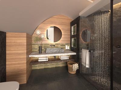 Moderní koupelna s dřevěným obkladem, velkým kulatým zrcadlem a skleněnou sprchou