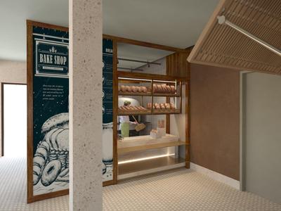 Moderní hotelový pokoj s otevřenou spací částí a dřevěnými policemi na stěně