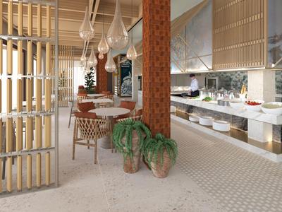 Moderní hotelová lounge s posezením, rostlinami a otevřenou kuchyní v pozadí.