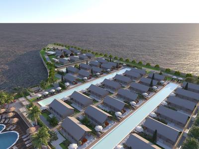 Moderní vily uspořádané v řadách na poloostrově s výhledem na moře a bazénem