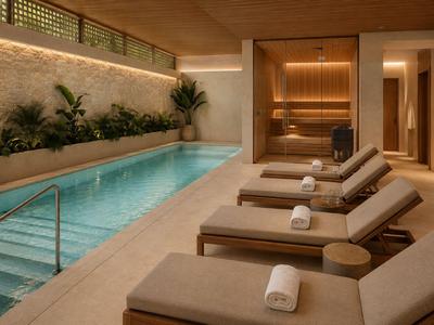 Moderner Innenpool mit Liegestühlen, Handtüchern und Sauna im Hotel.