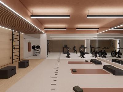 Palestra moderna con attrezzature, panche per pesi e accessori per l'allenamento in tonalità neutre.