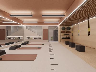 Sala fitness moderna e luminosa con tappetini da yoga e pesi, design minimalista beige e legno.