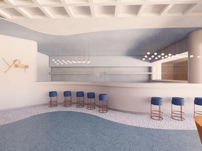 Área de bar moderna de hotel con taburetes azules y mostrador curvo junto a una piscina.