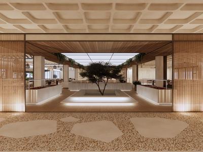 Moderna hall d'hotel con accenti in legno caldo, albero centrale e illuminazione elegante.