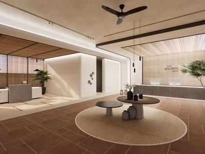 Area d'attesa moderna con sedute, piante e arredamento minimalista