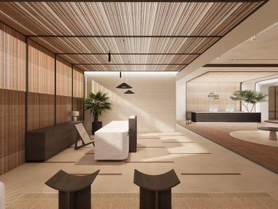 Recepción de hotel luminosa y moderna con techos de madera, asientos blancos y diseño minimalista.