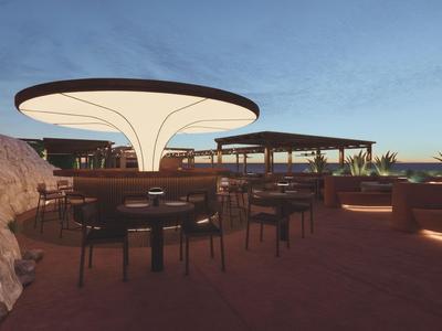 Spazio esterno moderno con tavoli rotondi e tetto a fungo luminoso al crepuscolo