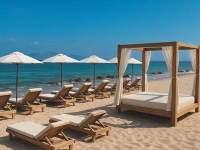 Zona lounge en la playa con tumbonas sombreadas y cama con dosel junto al mar tranquilo.