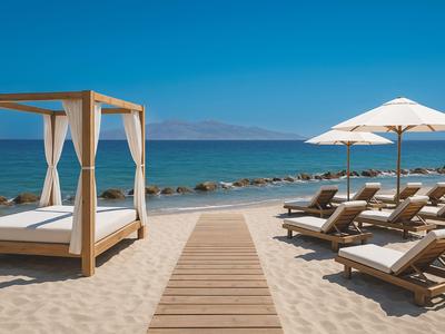 Spiaggia di sabbia con passerella in legno, ombrelloni, lettini e un lettino a baldacchino vicino al mare.