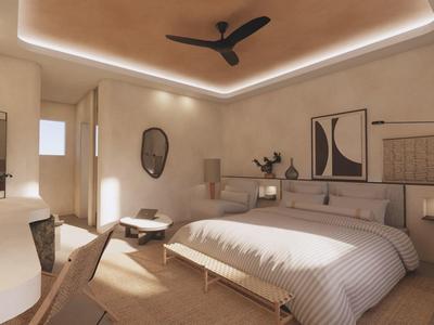 Habitación de hotel luminosa con cama grande, escritorio, espejo y ventilador de techo.