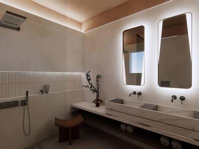 Baño moderno con doble lavabo, espejos iluminados y diseño minimalista.