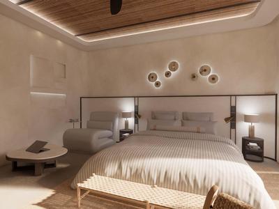 Dormitorio moderno con cama grande, decoración cálida de madera e iluminación suave.