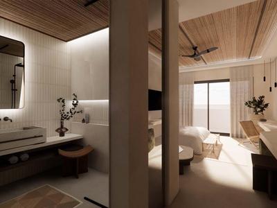 Habitación de hotel moderna con techo de madera, baño y dormitorio luminoso con balcón