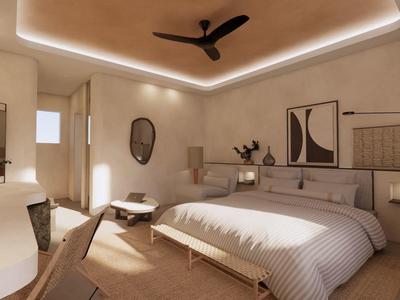 Habitación de hotel moderna con cama doble, ventilador de techo e iluminación indirecta.