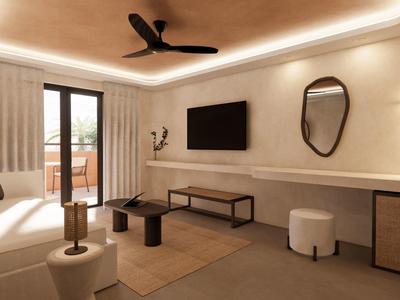 Habitación de hotel moderna con TV, espejo redondo en la pared, ventilador de techo y vista al balcón.