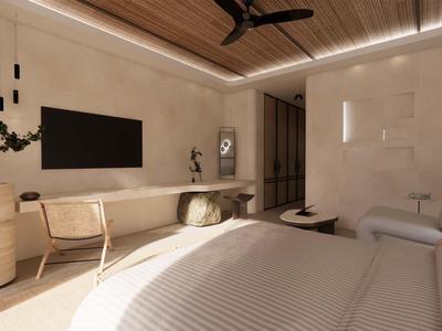 Habitación de hotel moderna con techo de madera, cama, silla y televisor en la pared.