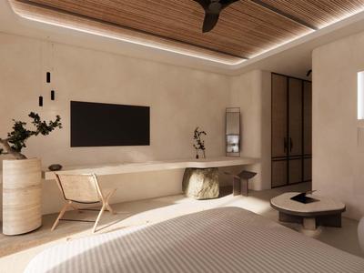 Habitación de hotel moderna y luminosa con techo de vigas de madera, gran televisor y zona de estar acogedora.