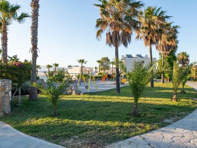 Green hotel grounds with palm trees and manicured lawn under clear sky.
