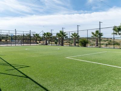 Campo da calcio con prato sintetico e palme sullo sfondo sotto un cielo limpido.