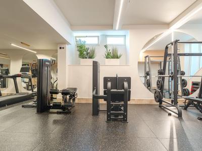 Palestra moderna dell'hotel con attrezzi per il fitness e grandi finestre per la luce naturale.