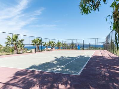 Campo da tennis all'aperto con recinzione e palme sotto un cielo blu in una giornata di sole.