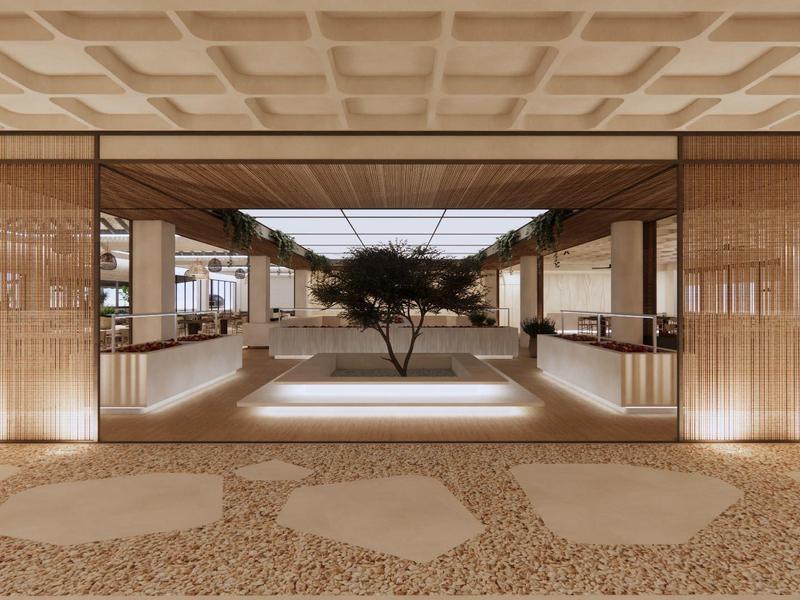 Vestíbulo de hotel moderno con diseño minimalista y decoración central de árbol.