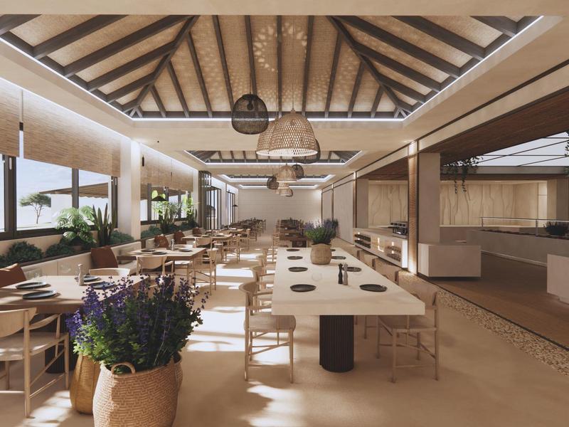 Área de comedor moderna y abierta con mesas de madera, plantas y luz natural